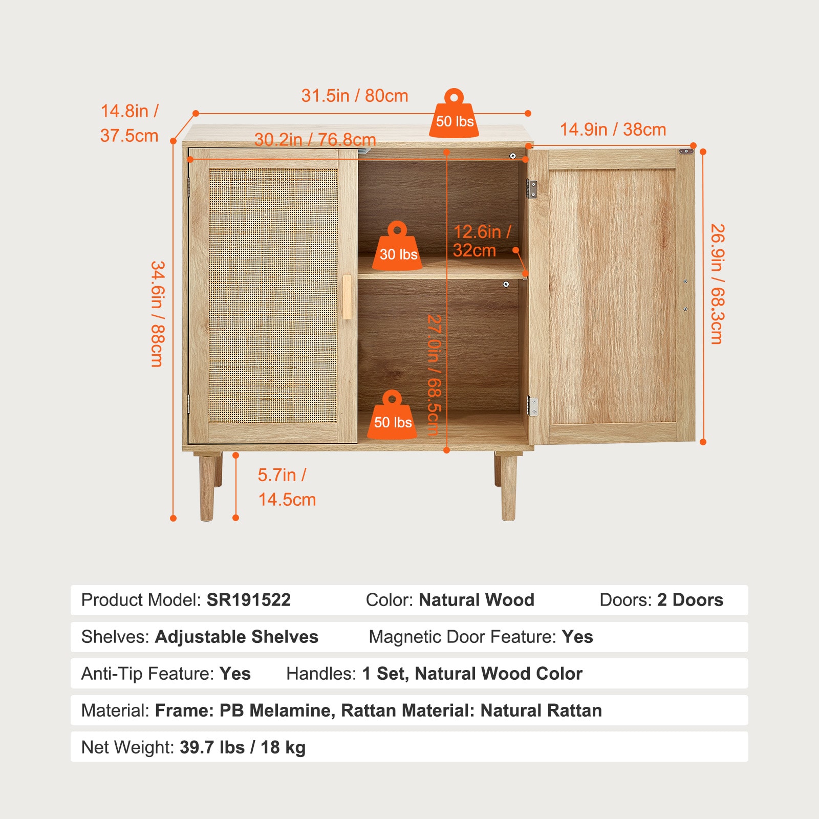 Rattan Storage Cabinet With Magnetic Doors And Adjustable Shelves_voghion.com
